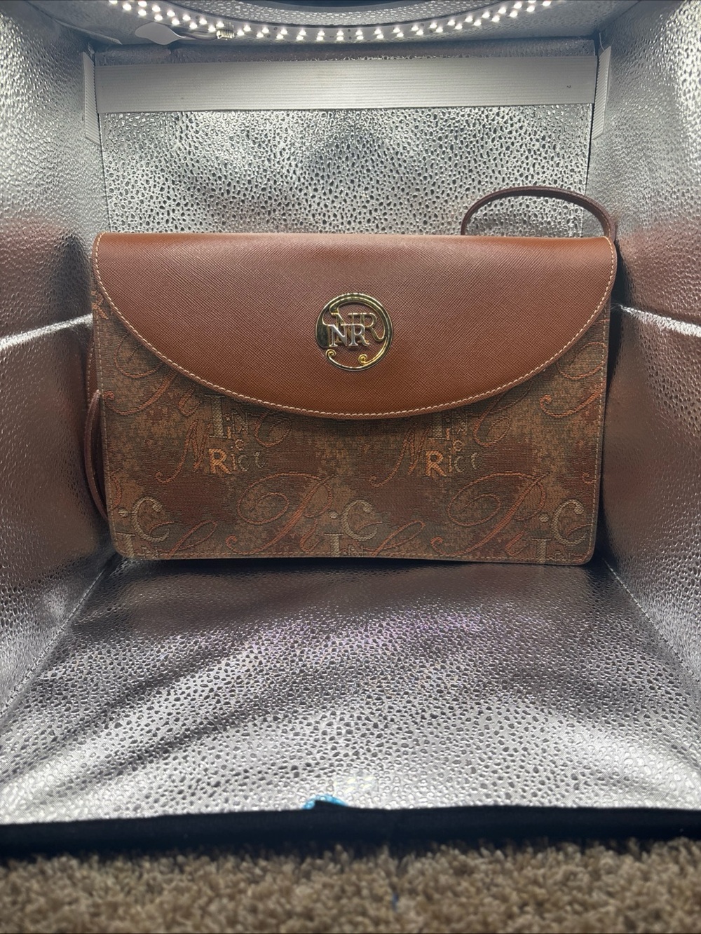 Nina Ricci Brown Logo-Print shoulder with Gold Emblem